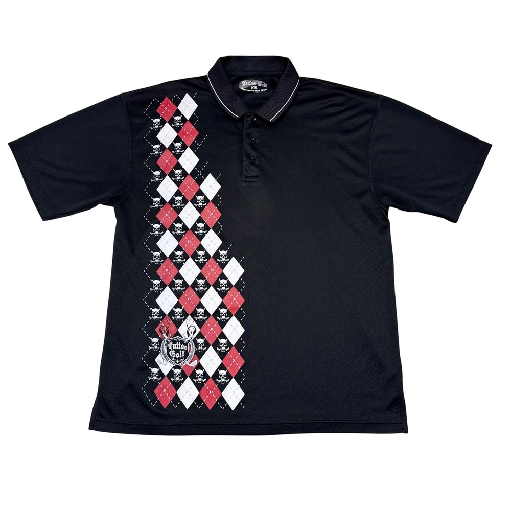 Tattoo Golf Polo Shirt Mens Size XL Black Red Argyl Plaid Skull Pattern Punk
